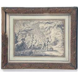 A PEN, INK AND WASH DRAWING OF A WOODLAND HUNT SCENE WITH MYTHOLOGICAL ELEMENTS