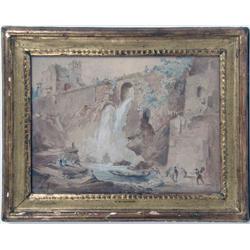 A PEN, INK, GOUACHE AND WASH ON PAPER DEPICTING RUINS ABOVE A WATERFALL, PEOPLE FISHING AND BOATING 