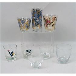 AN ASSORTMENT OF VINTAGE PATTERNED, PAINTED AND CLEAR GLASS BARWARE