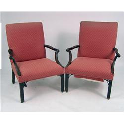 A PAIR OF GEORGE III BLIND FRET-CARVED MAHOGANY LIBRARY ARMCHAIRS