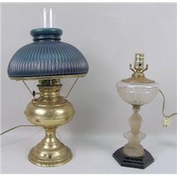 A "SOCONY RAYO" BRASS DESK LAMP WITH ORIGINAL RIBBED GREEN GLASS SHADE
