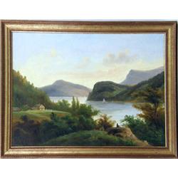 A FRAMED OIL ON CANVAS OF A BUCOLIC RIVERSCAPE