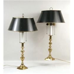 A PAIR OF BRASS CANDLESTICK-FORM LAMPS