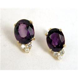 A PAIR OF 14K YELLOW GOLD, AMETHYST, DIAMOND AND PEARL EARRINGS