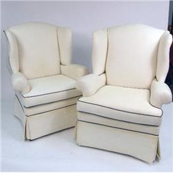 A PAIR OF CHIPPENDALE-STYLE WHITE-UPHOLSTERED EASY CHAIRS