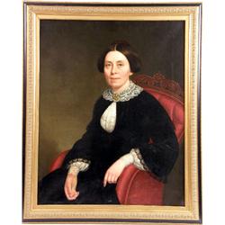 AN OIL ON CANVAS OF AN ELEGANTLY-DRESSED WOMAN