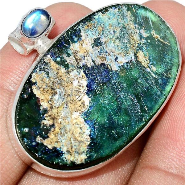 Ancient Roman Glass Shard Moonstone Sterling Pendant