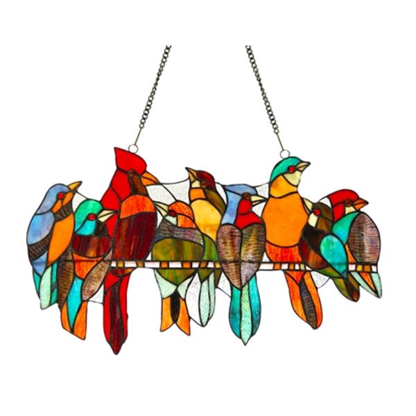 Stained Art Glass Festival of Birds Hanging Panel