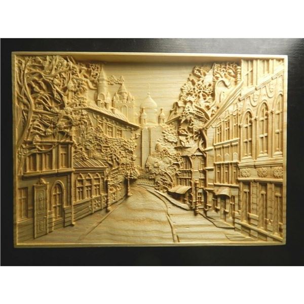 European Street Scene Wood Carving Plaque