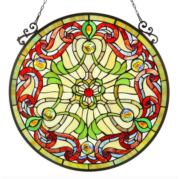 Stained Art Glass Jeweled Round Hanging Window Panel