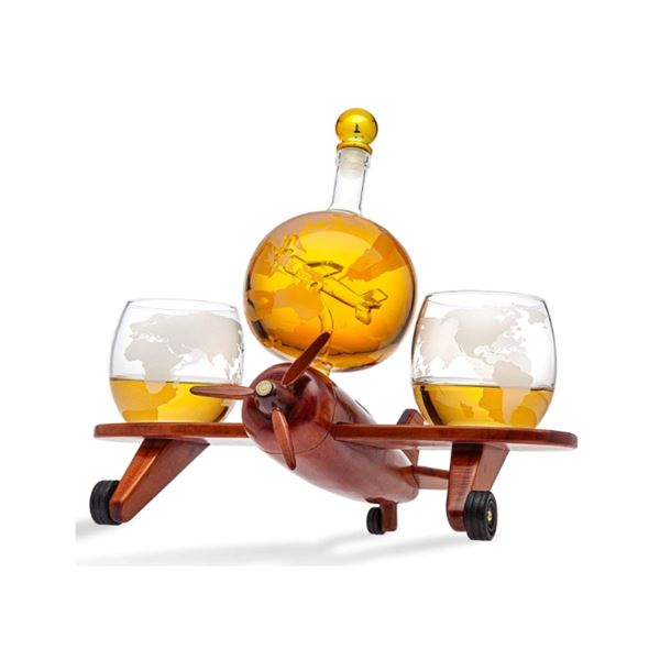 Godinger Airplane Globe Whiskey Dispenser, Glasses Set
