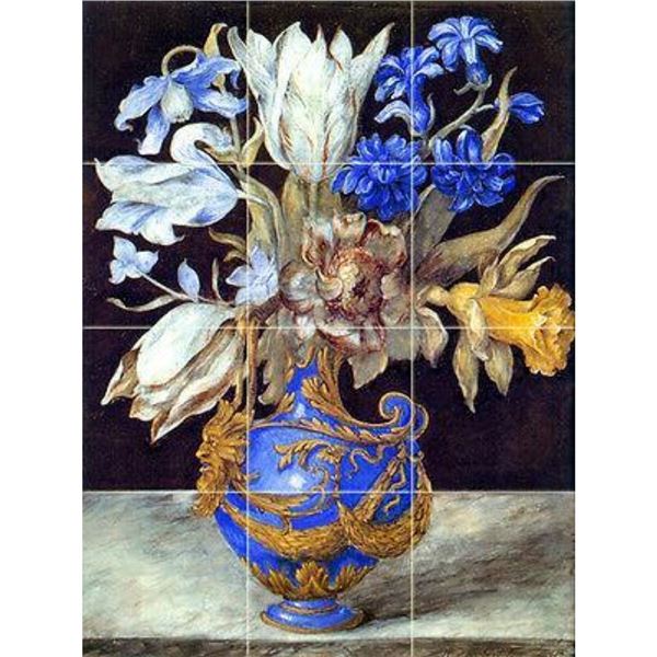 Blue Floral Still Life Tumbled Marble Tile Mural