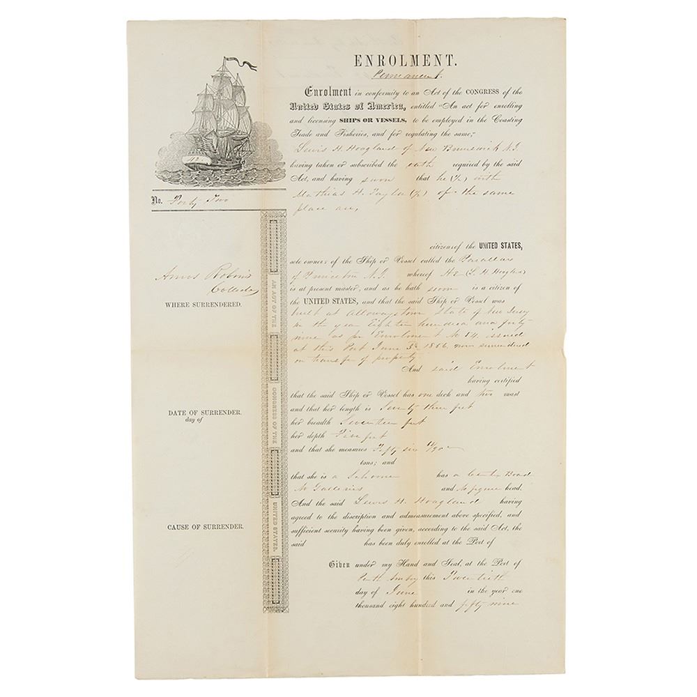 New Jersey Perth Amboy Ship's Enrollment Certificate