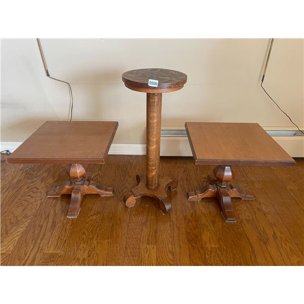 Wood Side Tables on Pedestal with 4 Legs x2 & Wooden Plant Stand on Pedestal with 4 Legs