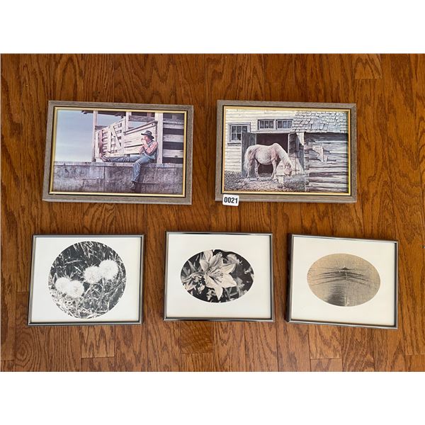 Framed Prints x5 - 2 Small Country Prints & 3 Small Flower Prints