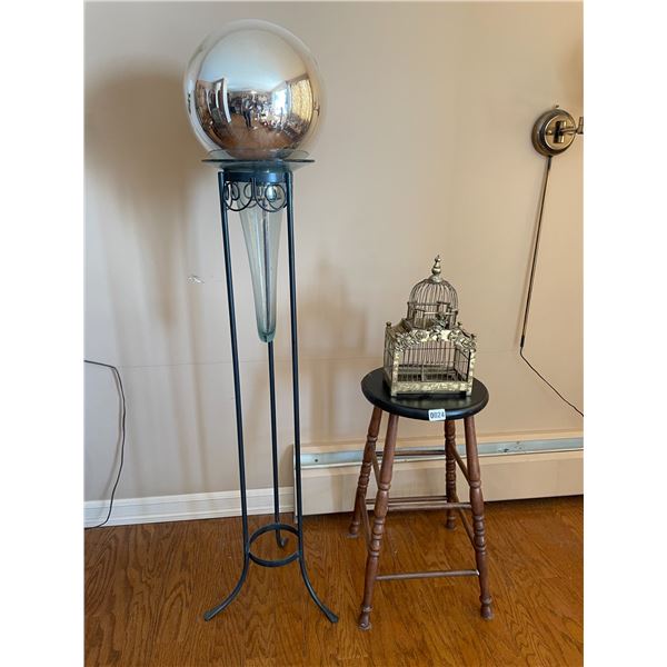 Art Deco Stand with Bulb 56"h x 12" Diameter - Wood Stool 2'h - Vintage Decorative Bird Cage