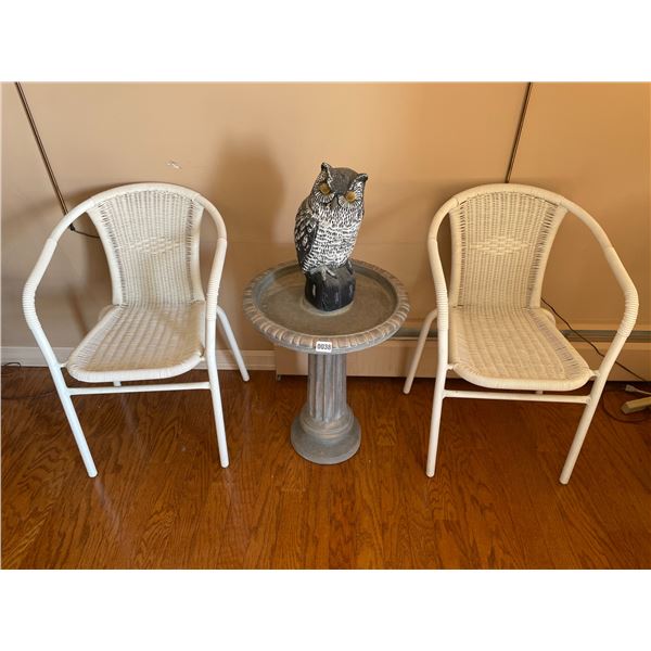 Owl Bird Bath with 2 Wicker Chairs