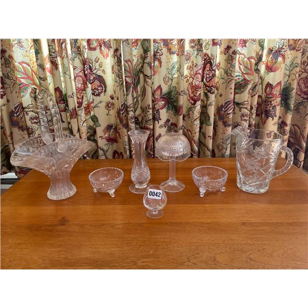 Crystal Basket, Pitcher, Bowls x2, Candle Holder