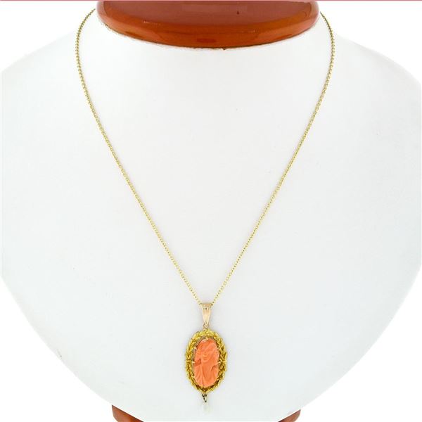 Antique Victorian 10k Gold High Relief Carved Coral Cameo & Pearl Dangle Pendant