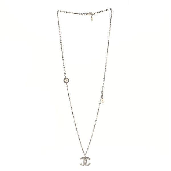 Chanel Neutral Silver Metal Faux Pearl Crystal CC Pendant Long Necklace
