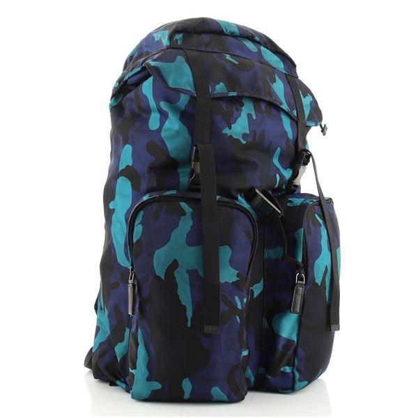 Prada Blue Printed Camo Tessuto Double Front Pocket Large Backpack