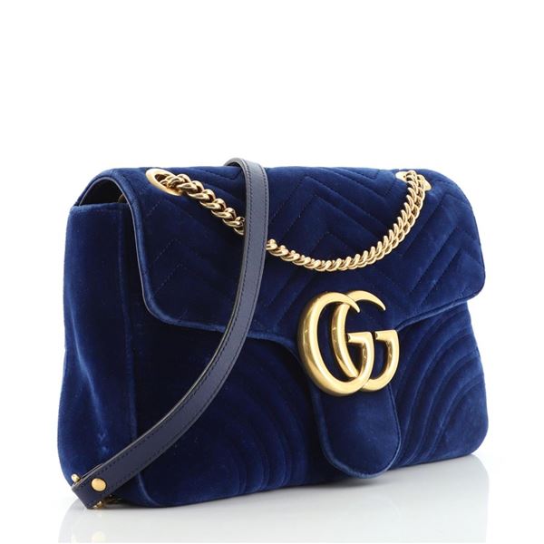 Gucci Blue Matelasse Velvet GG Marmont Medium Flap Bag