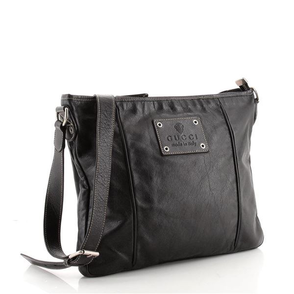 Gucci Black Leather Logo Crest Medium Messenger Bag