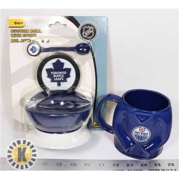 LOT OF MAPLE LEAFS SUCTION BOWL &OILERS COFFEE MUG