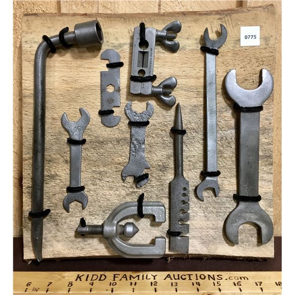 LOT OF 9 - ANTIQUE TOOLS ON DISPLAY BOARD