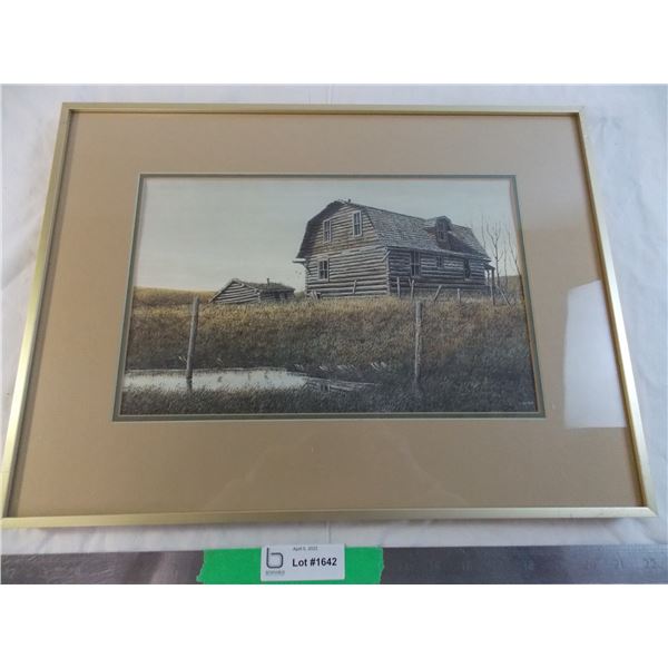 Framed picture of log cabin - by L Gibbs 20" x 15"