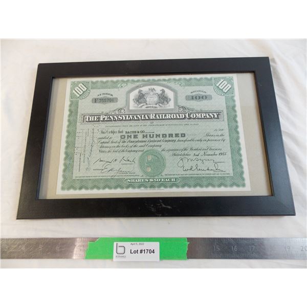 The Pennsylvania Railroad Company 100 certificate in frame