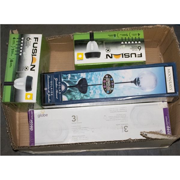 BOX OF ASSORTED PATHWAY LIGHTING & VANITY PICTURES