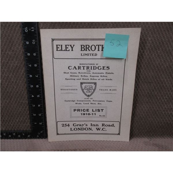 1910-1911 Eley Brothers Price List - 1984 Reprint