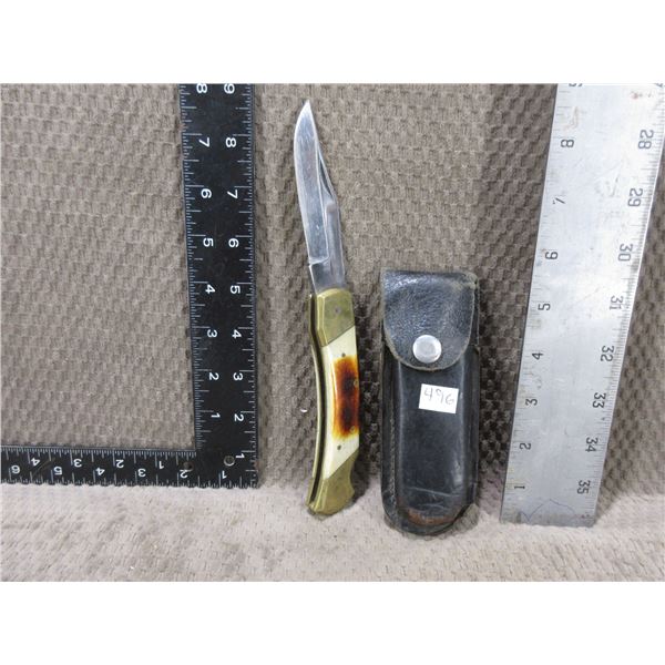Pocket Knife - Locking - Brass & White Handle With Sheath