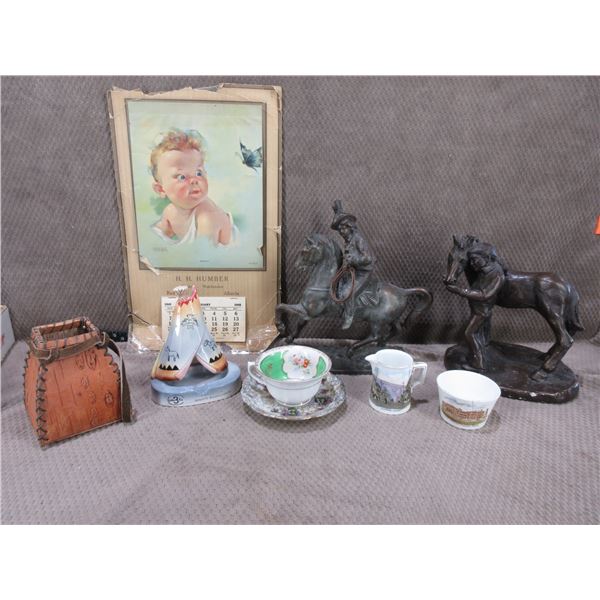 Lot of Vintage Misc. Tea Cups, Calendar, Horse Statues