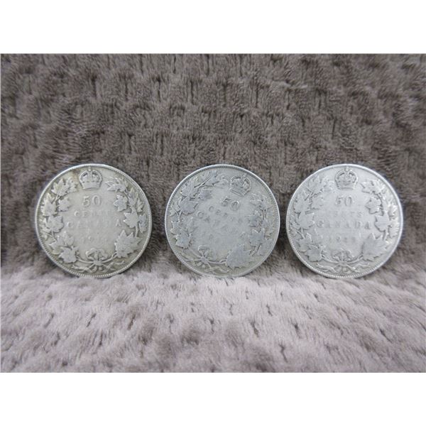3 - Canadian 50 Cent Pieces - 1918, 1919, 191? - 925 Silver