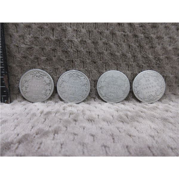 4 - Canadian 25 Cent Pieces - 1902, 1907, 1909, 1910