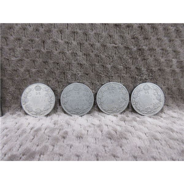4 - Canadian 25 Cent Pieces - 1917, 1918, 1919, 1920,