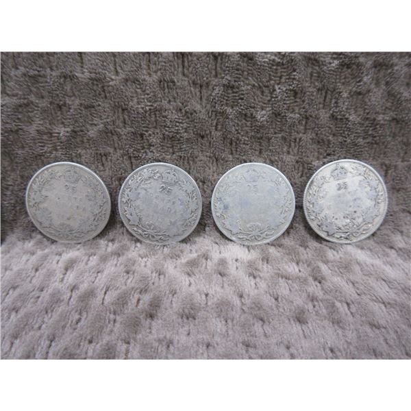 4 - Canadian 25 Cent Pieces - 3 - 1919, 1 - 1914,