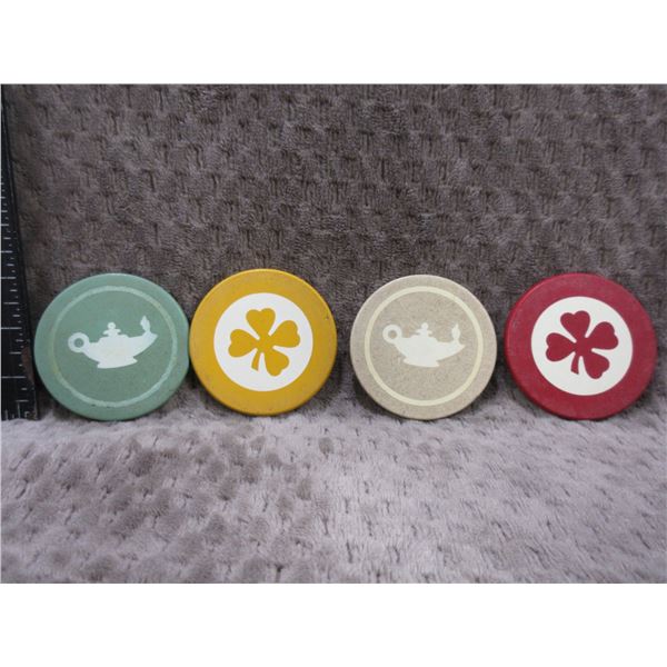 4 Vintage Poker Chips - 2 Aladdins Lamp, 2 Cloverleaf