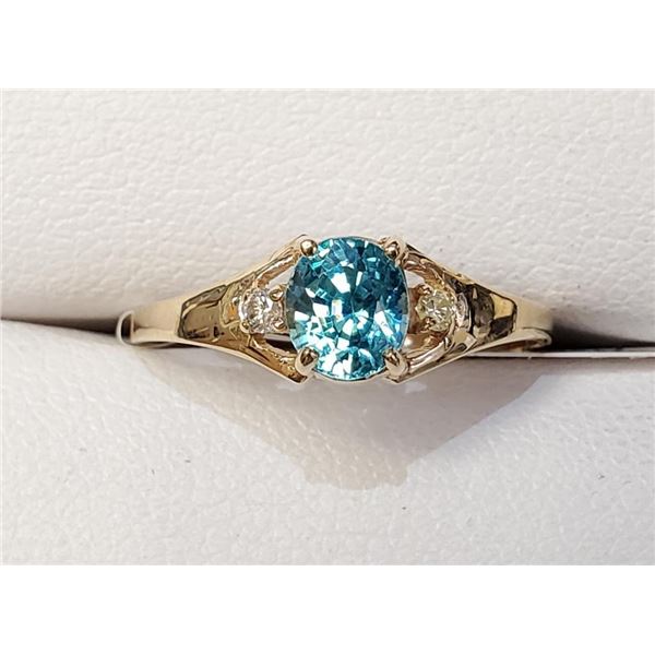 10K Yellow Gold Blue Zircon(1ct) Diamonds(0.02Ct,Si,G-H) Ring (~Size 6)(Ring is resizable for $40) (