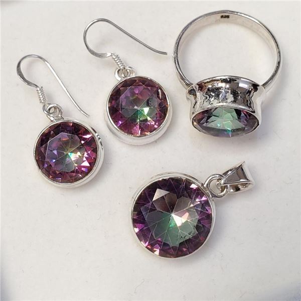 Silver Mystic Topaz(30ct) Ring,Earrings,Pendant,Chain(18") Set, Suggested Retail Value $500