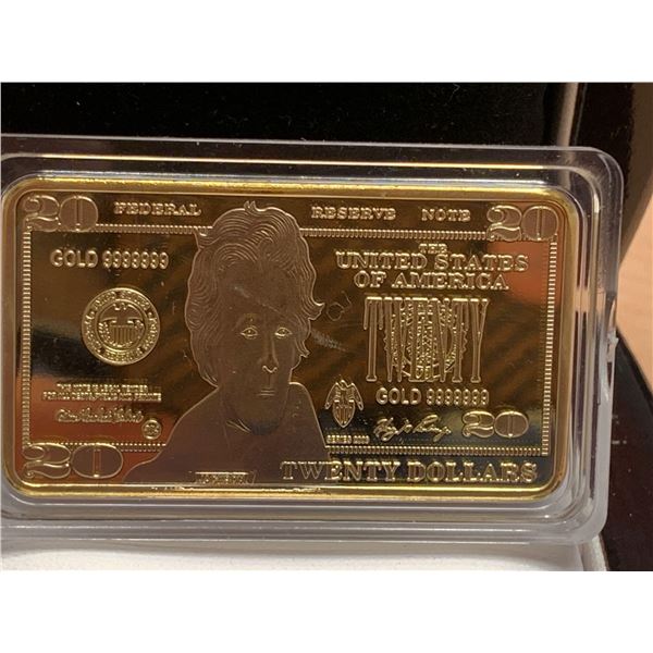 USA Twenty dollar $20.00 gold plated commemorative one ounce cased wafer bar