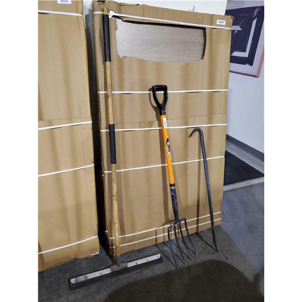 Lot of 3 Hand tools 1 Long Handled Floor Squeegee, 1 Pitchfork & 1 Large Crowbar