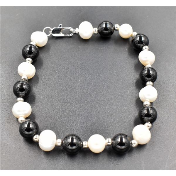 #293-NATURAL BLACK AGATE&FRESH WATER PEARL BRACELE