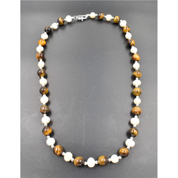 #253-NATURAL TIGER EYE & FRESH WATER PEARL NECKLAC