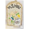 Image 1 : RUSTIC SLATE WELCOME PLAQUE + DESK TOP DAISY CLOCK