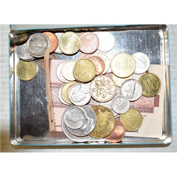 ESTATE VINTAGE BLACK CAT TIN OF FOREIGN COINS IN