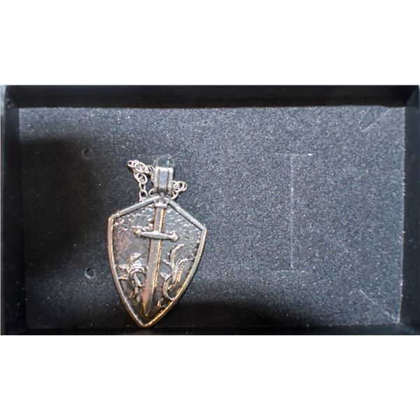 SILVER ALLOY MENS  SHIELD AND SWORD  PENDANT