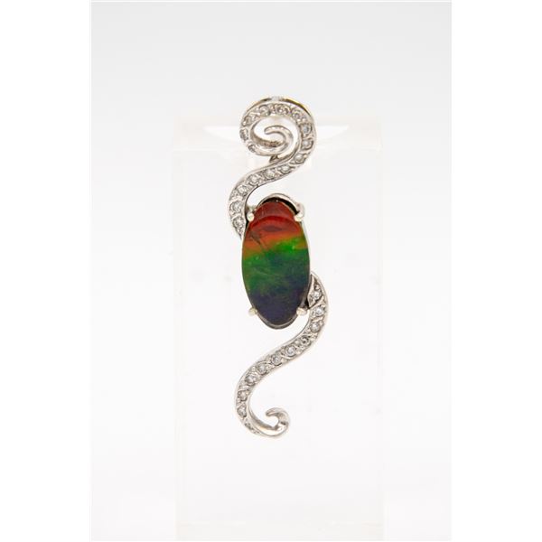 14K WHITE GOLD AMMOLITE AND DIAMOND PENDANT